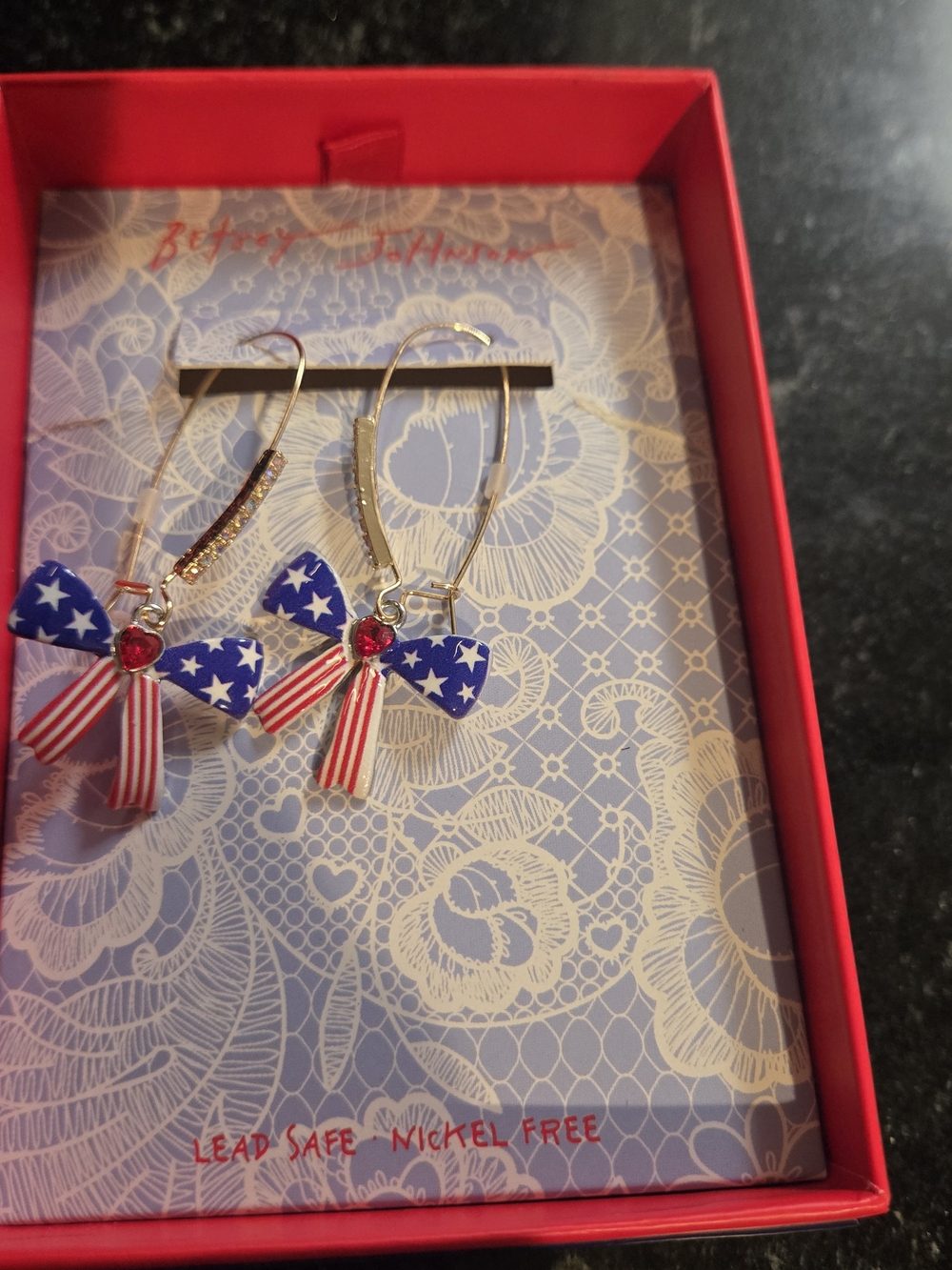 Betsey Johnson Red White Blue Star & Stripe Bow Drop Earrings